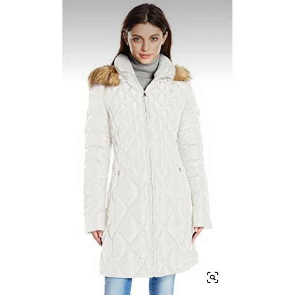 Jessica Simpson Womens Mid Length Diamond Quilted Down Coat Faux Fur Trim Sz 2X - Picture 1 of 15